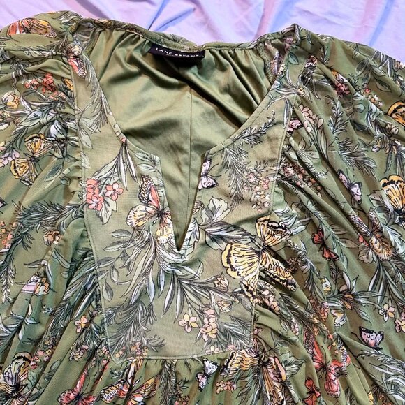Lane Bryant PLUS SIZE 22/24 green floral butterfly flowy vneck blouse shawl - Picture 5 of 15
